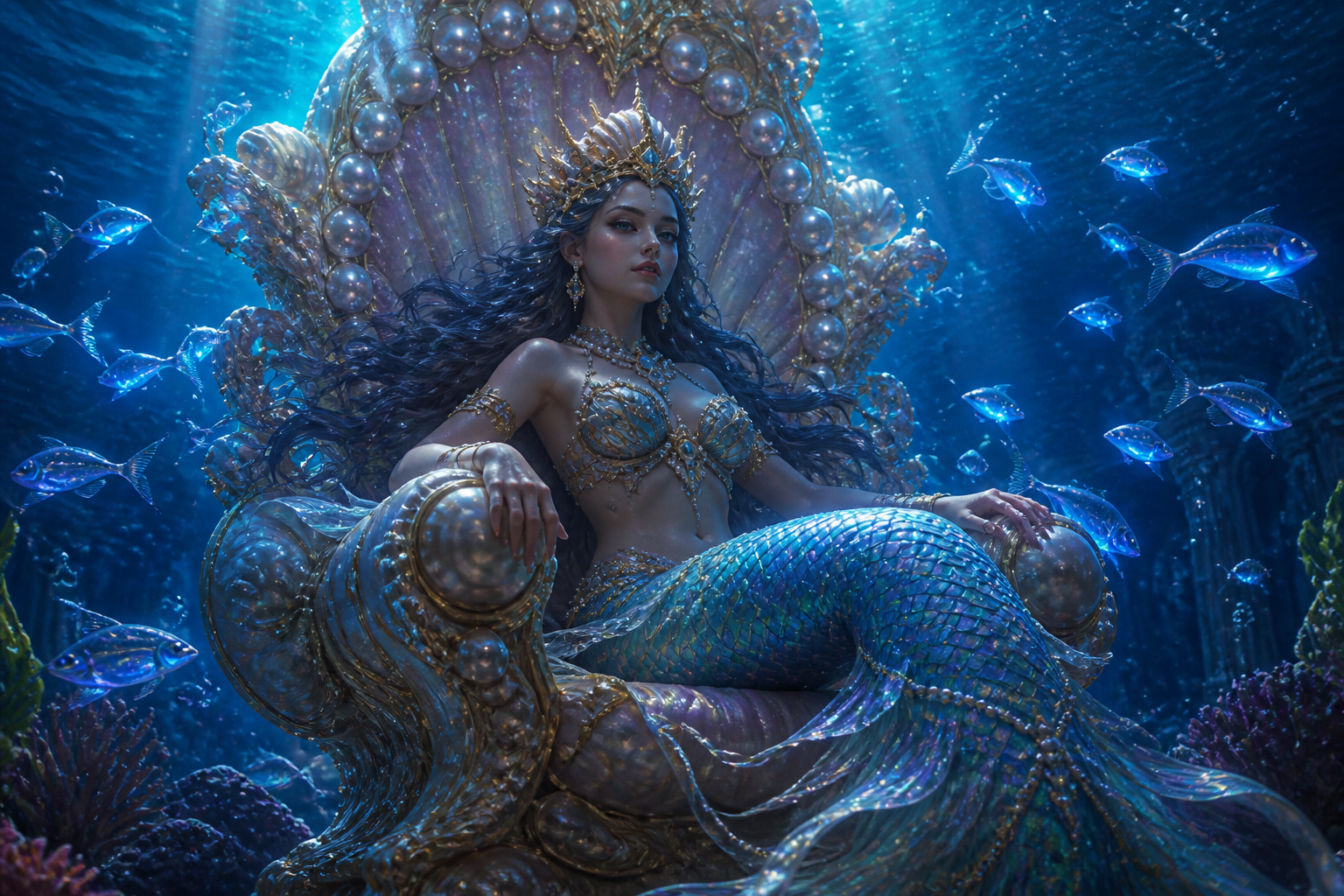 Mermaid queen on pearl throne