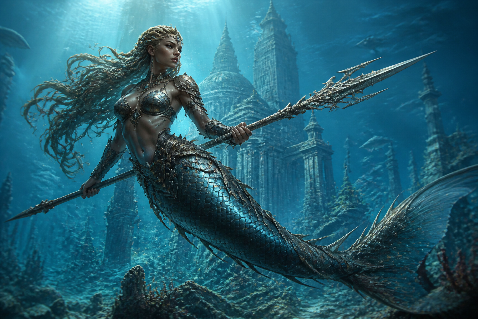 Warrior mermaid above temple