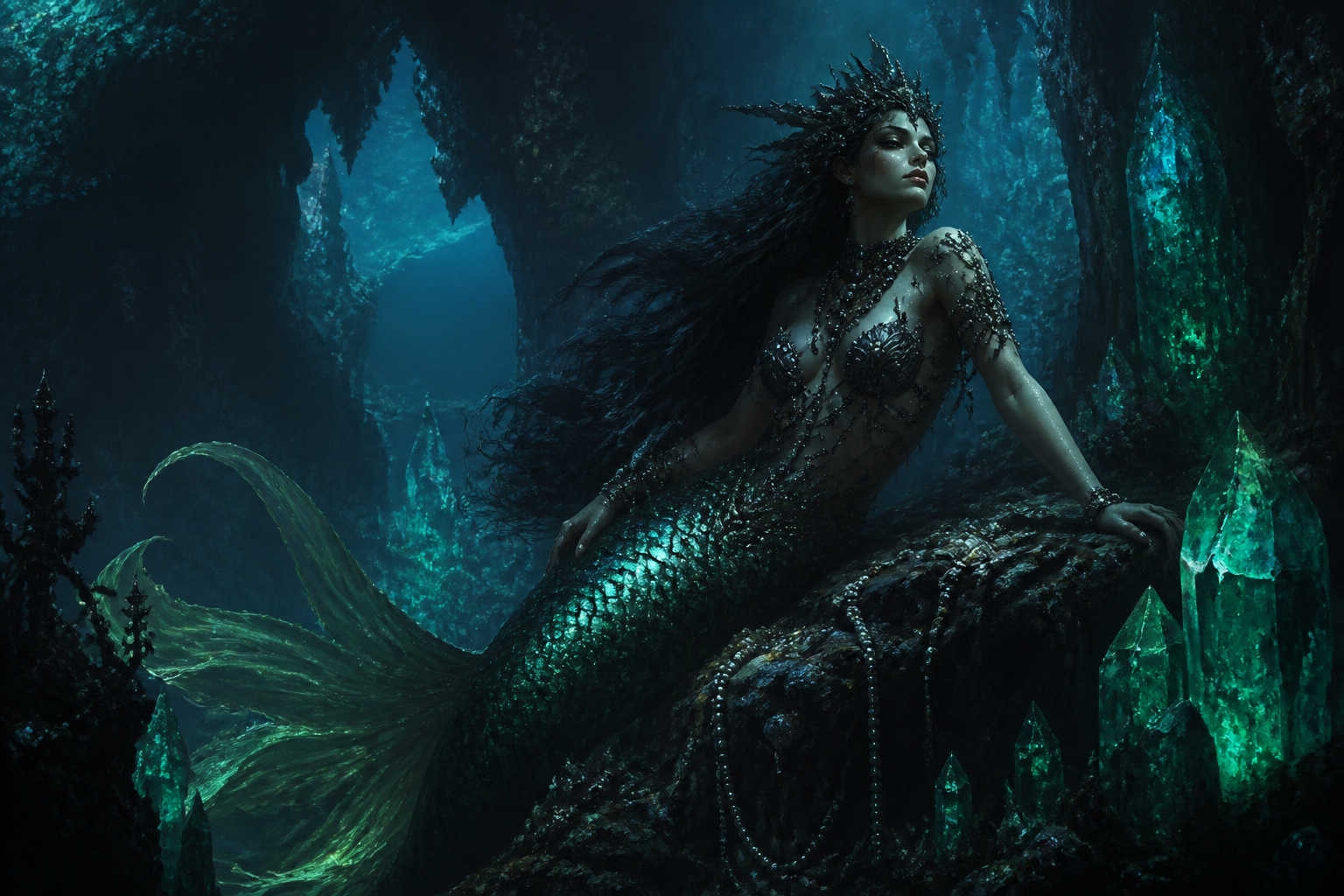 Dark mermaid in crystal cave