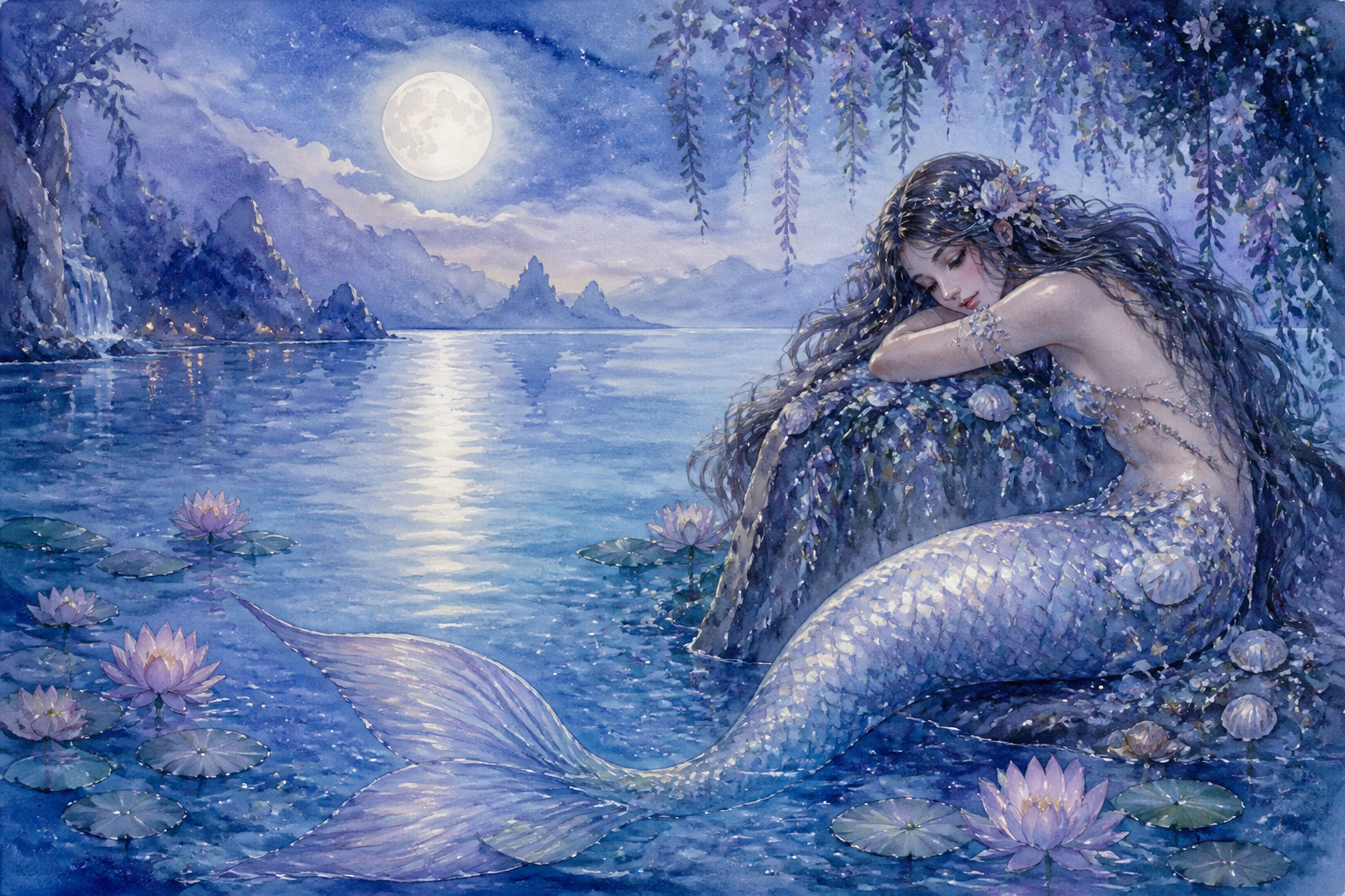 Watercolor mermaid by lagoon