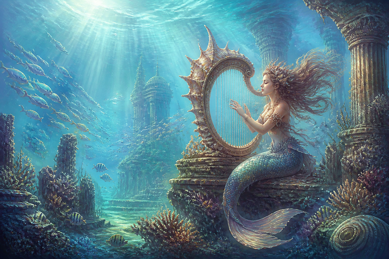 Mermaid harpist in ruins