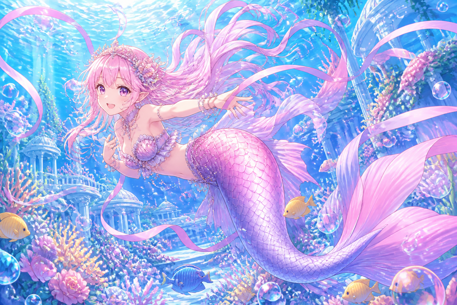 Pastel anime mermaid garden