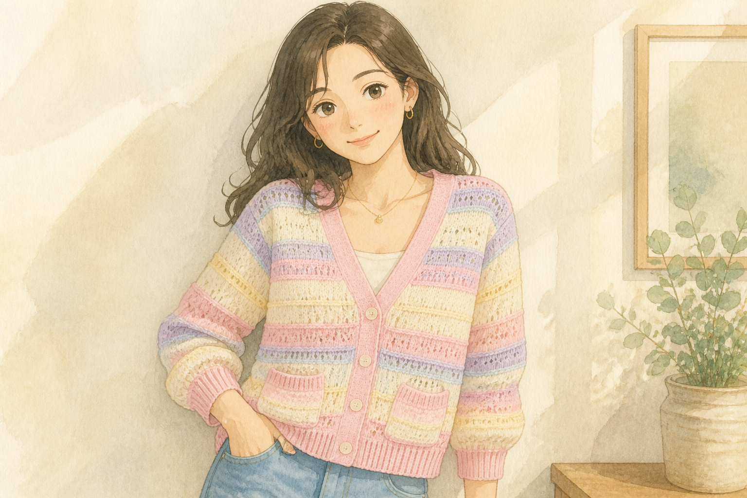 Ghibli watercolor cardigan (after)