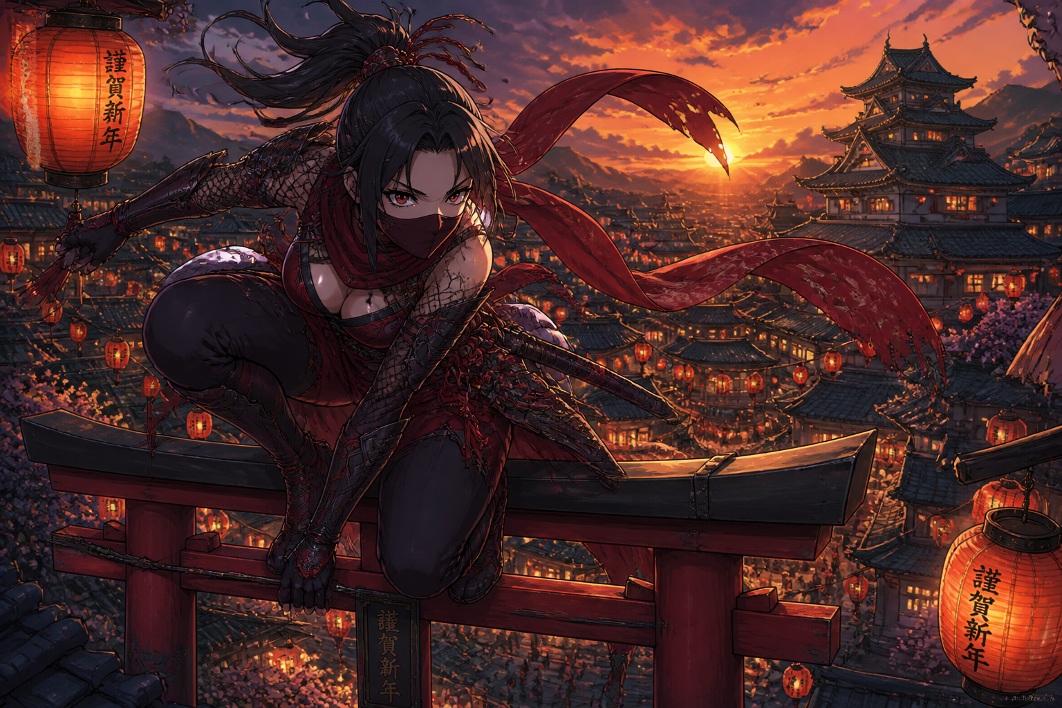 Anime kunoichi at sunset