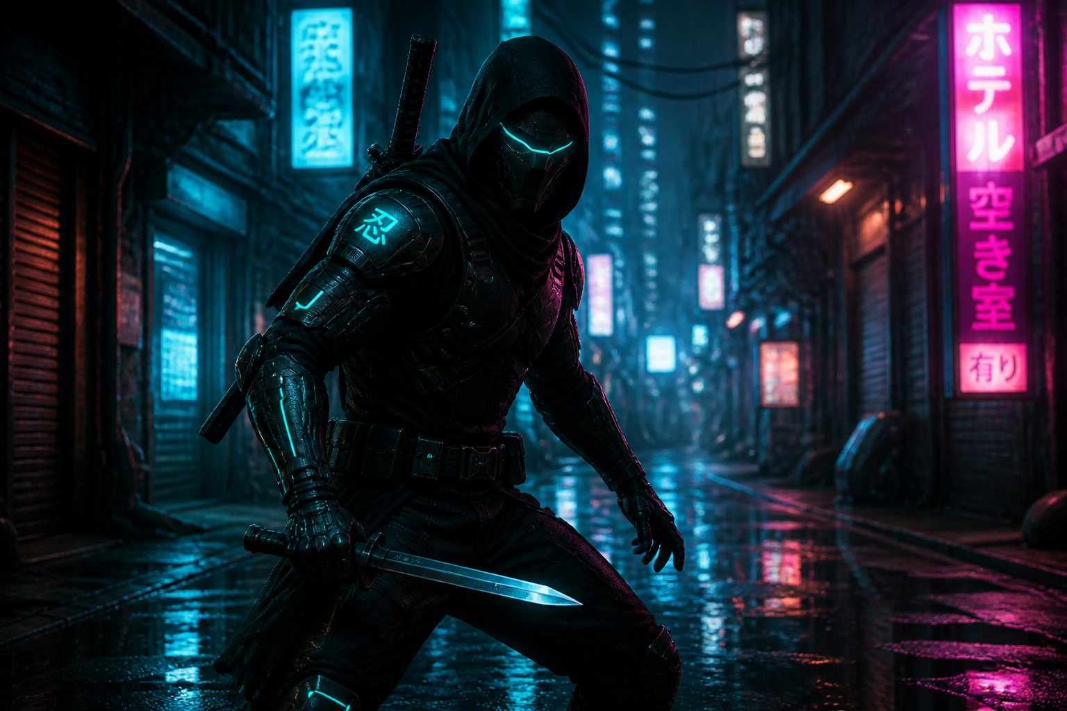 Cyber ninja in neon alley