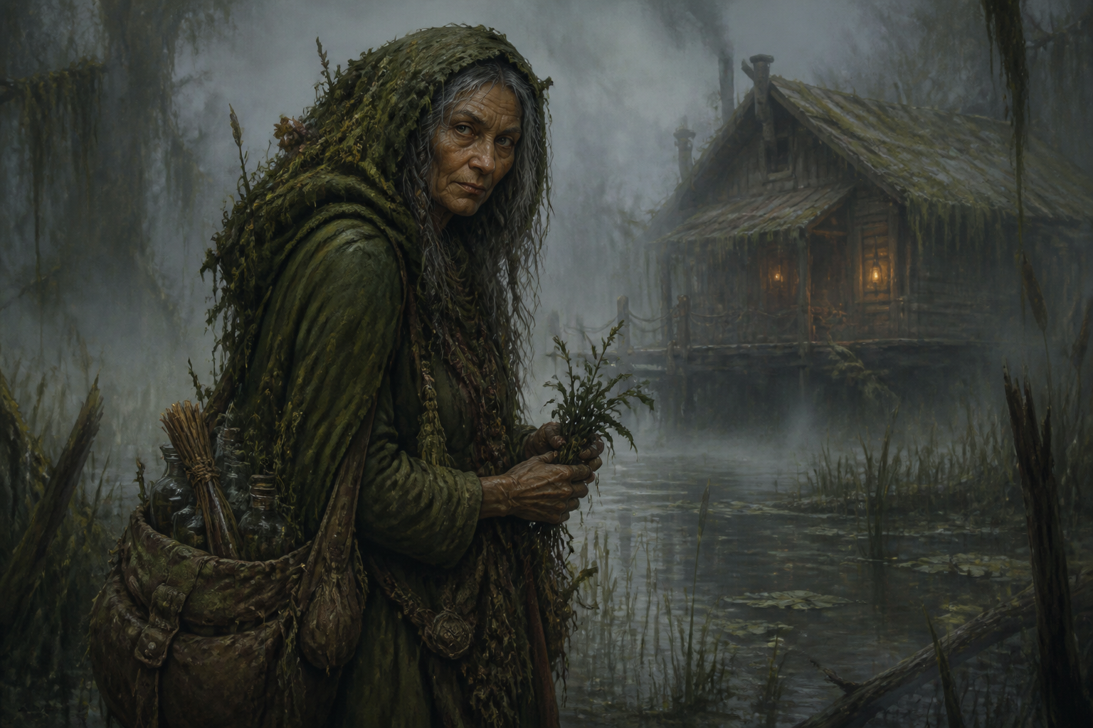 Swamp herbalist in the mist