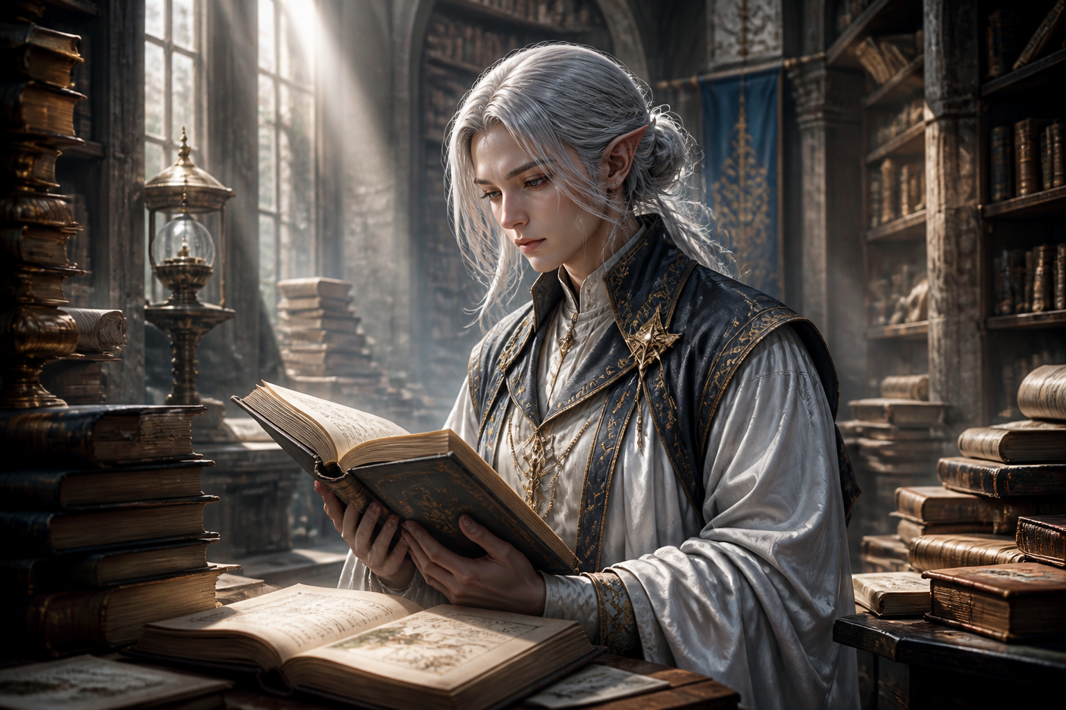 Elven librarian in sunlit archive