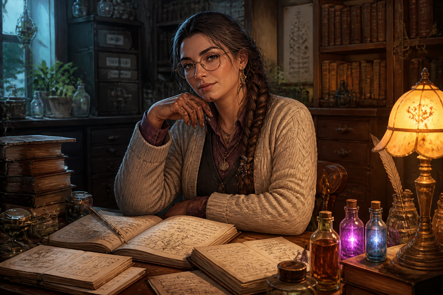 Librarian alchemist in lamplight