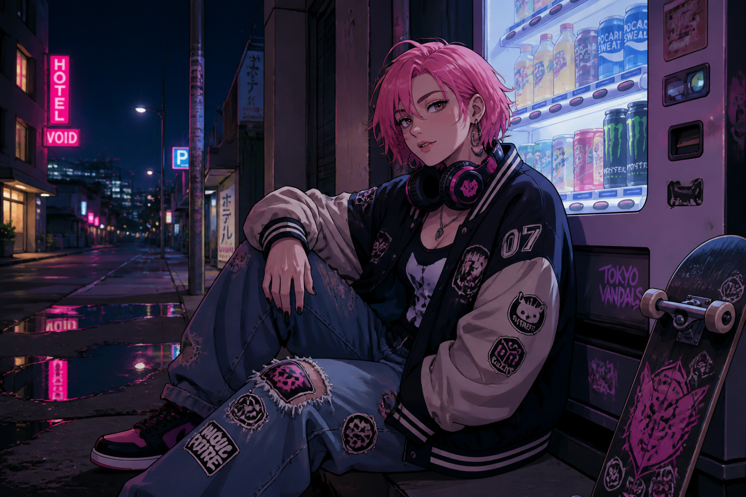 Anime skater girl at night