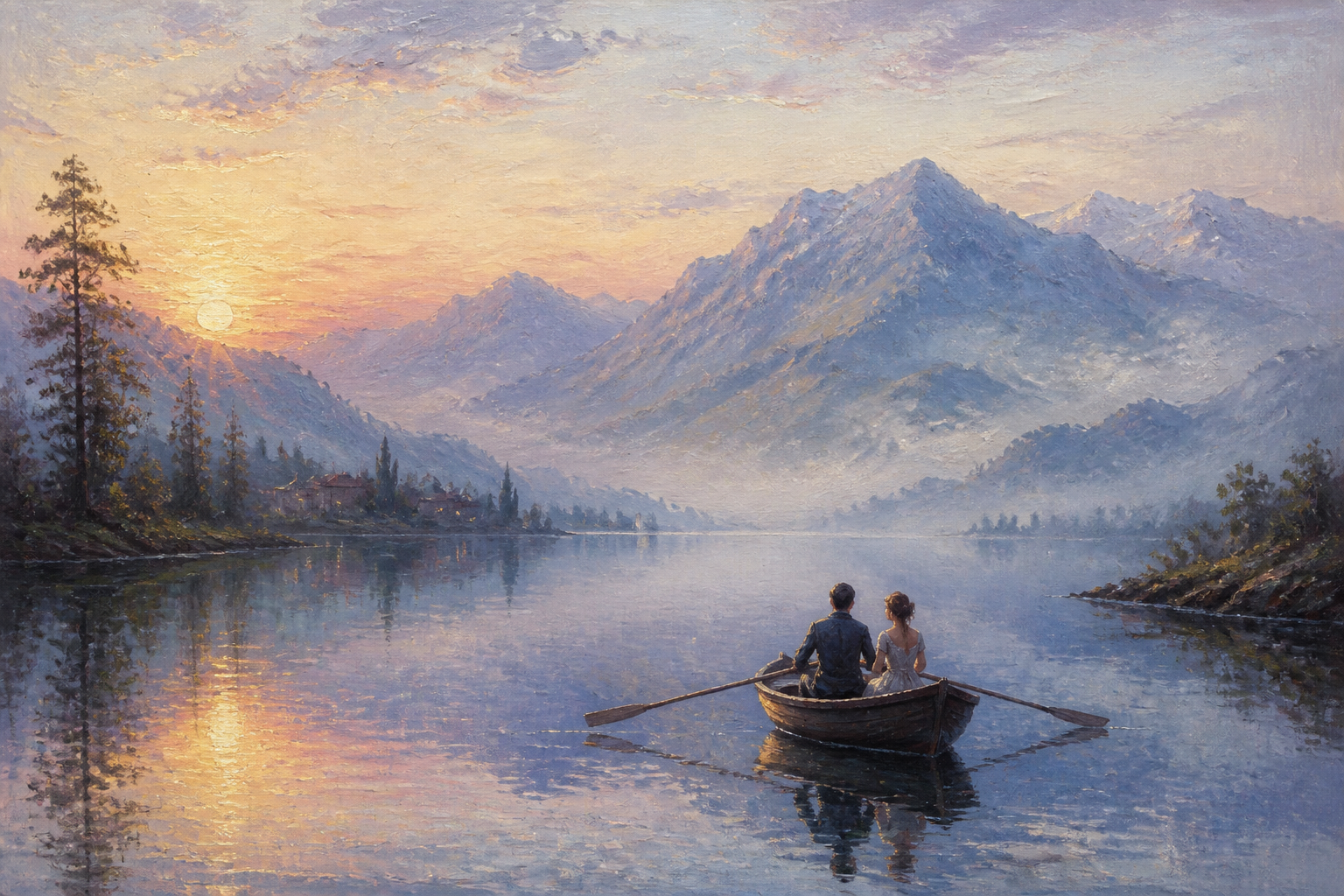 Boat on misty lake