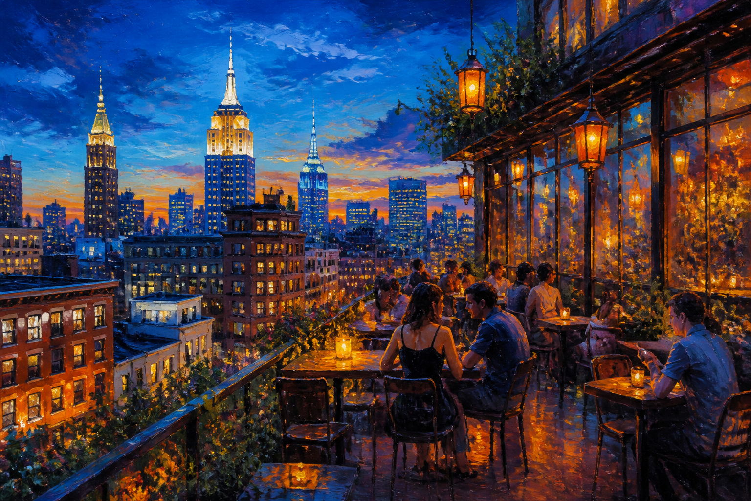 Rooftop cafe at blue hour