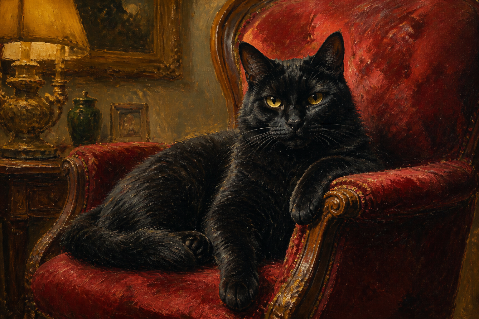 Black cat in velvet chair