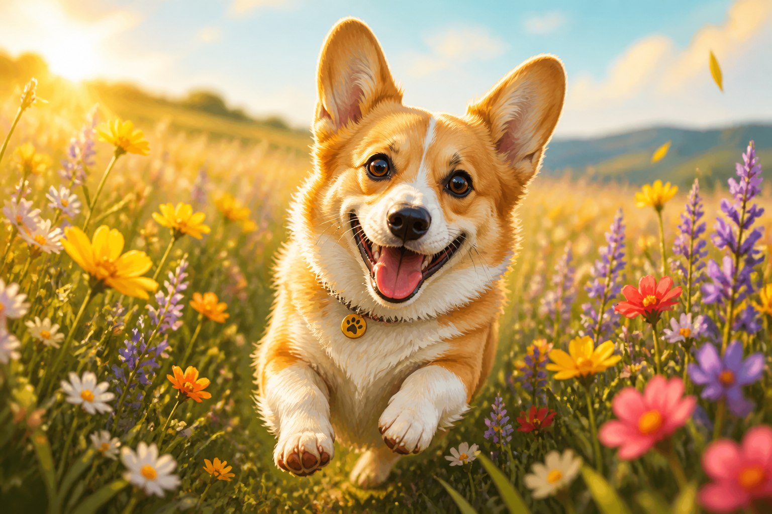 Corgi in wildflowers