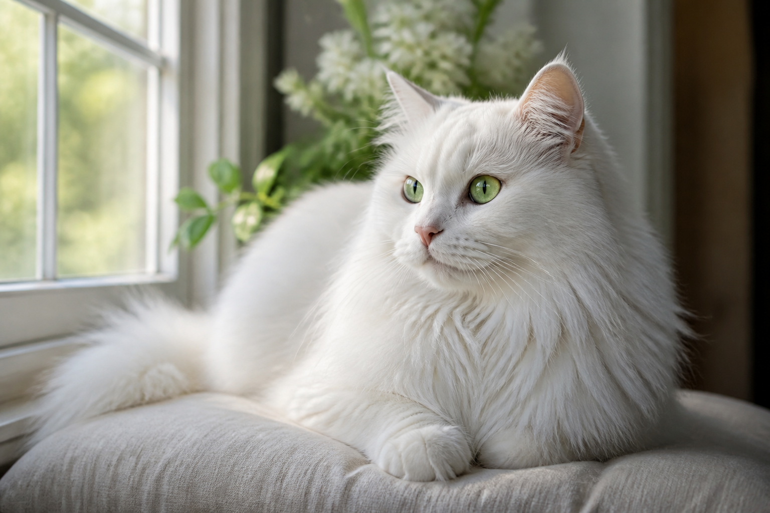 Sunlit white cat portrait