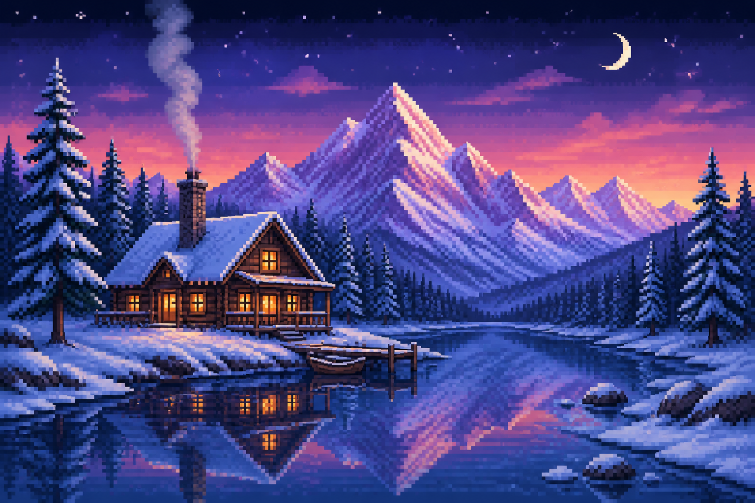 Snow cabin at twilight