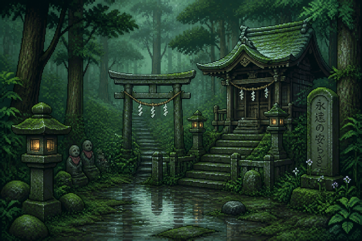 Forest shrine in rain