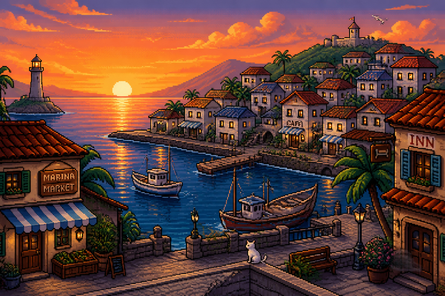 Seaside town at sunset