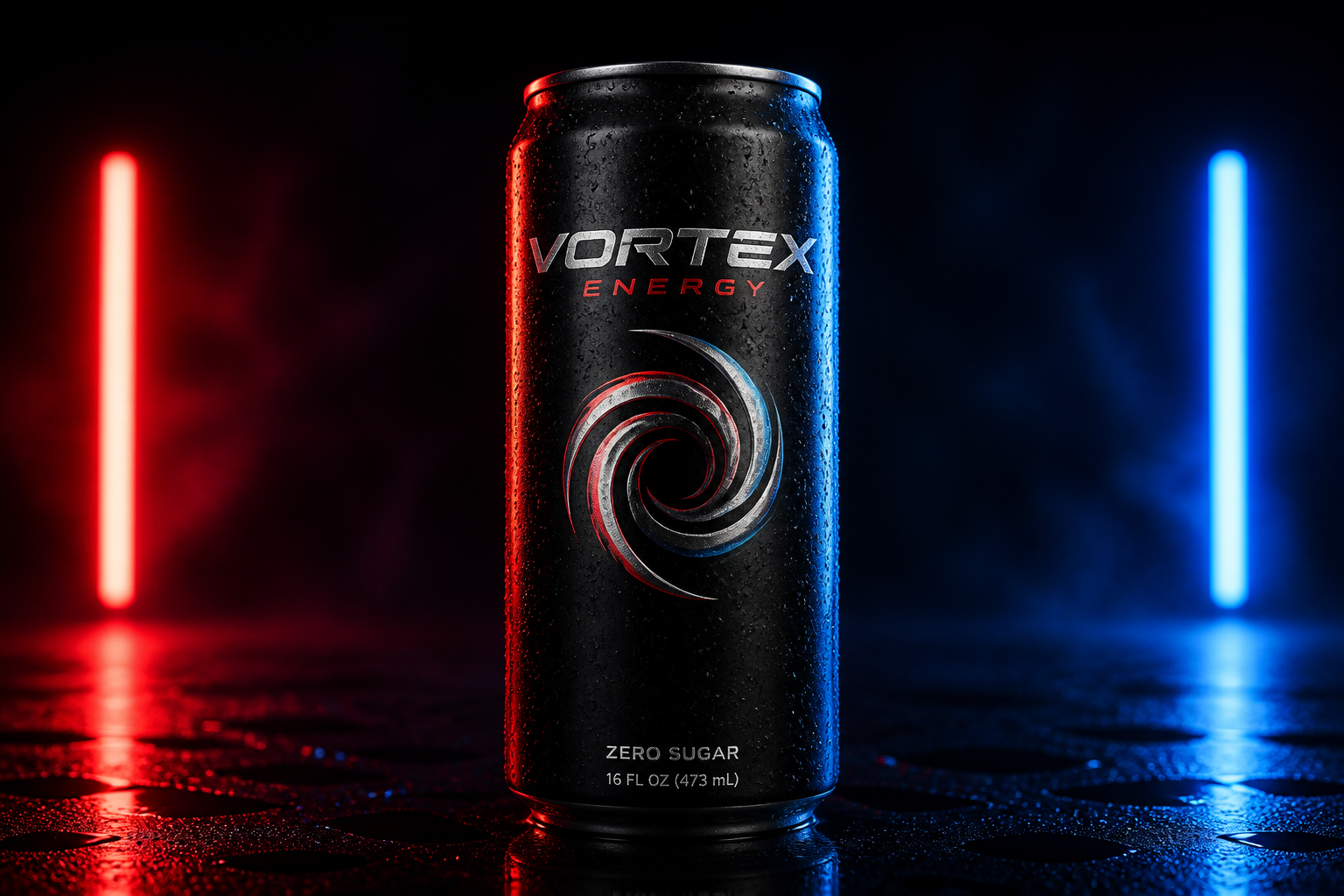Neon-lit energy drink can