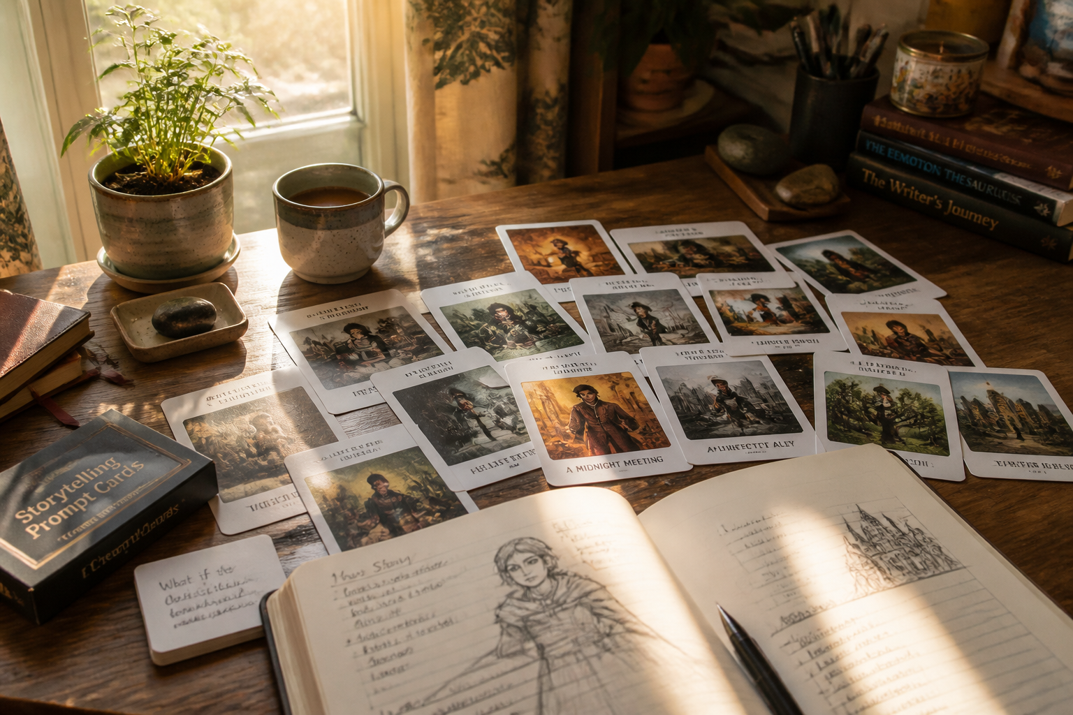 Prompt cards on a writer's desk