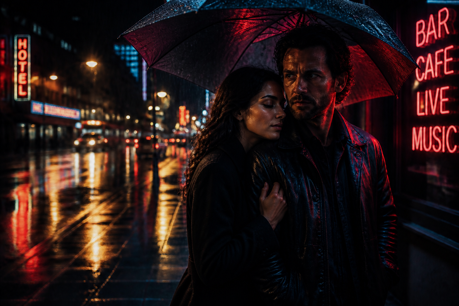 Neon rainy-night couple (after)