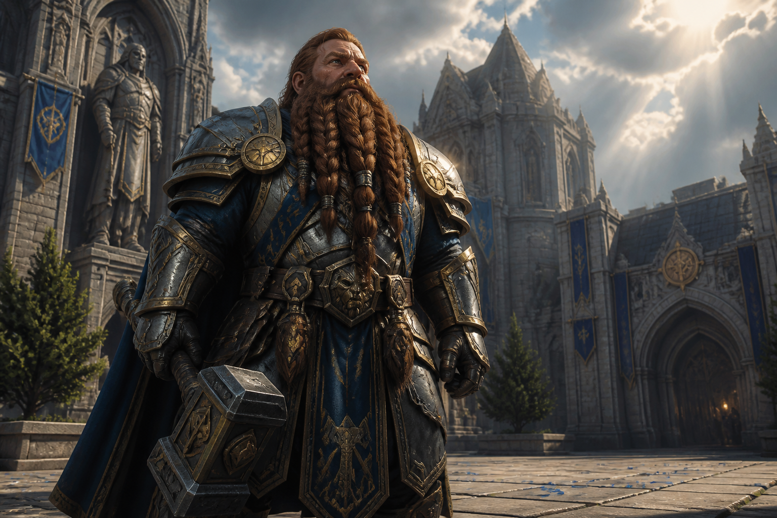 Dwarf paladin in courtyard