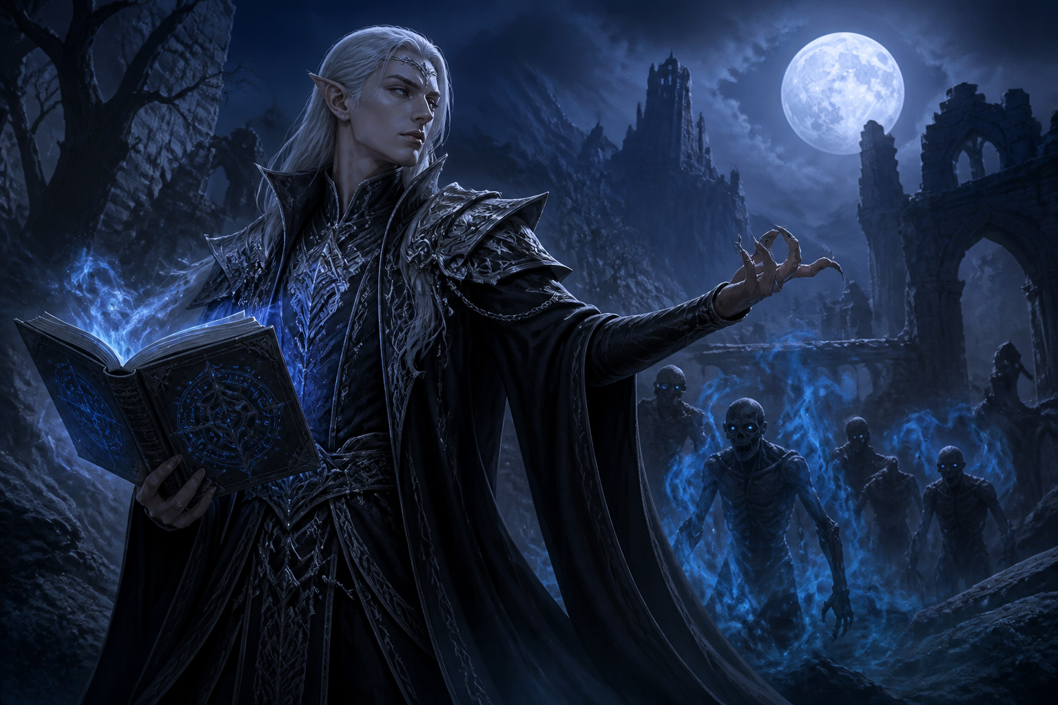 Elven necromancer in ruins