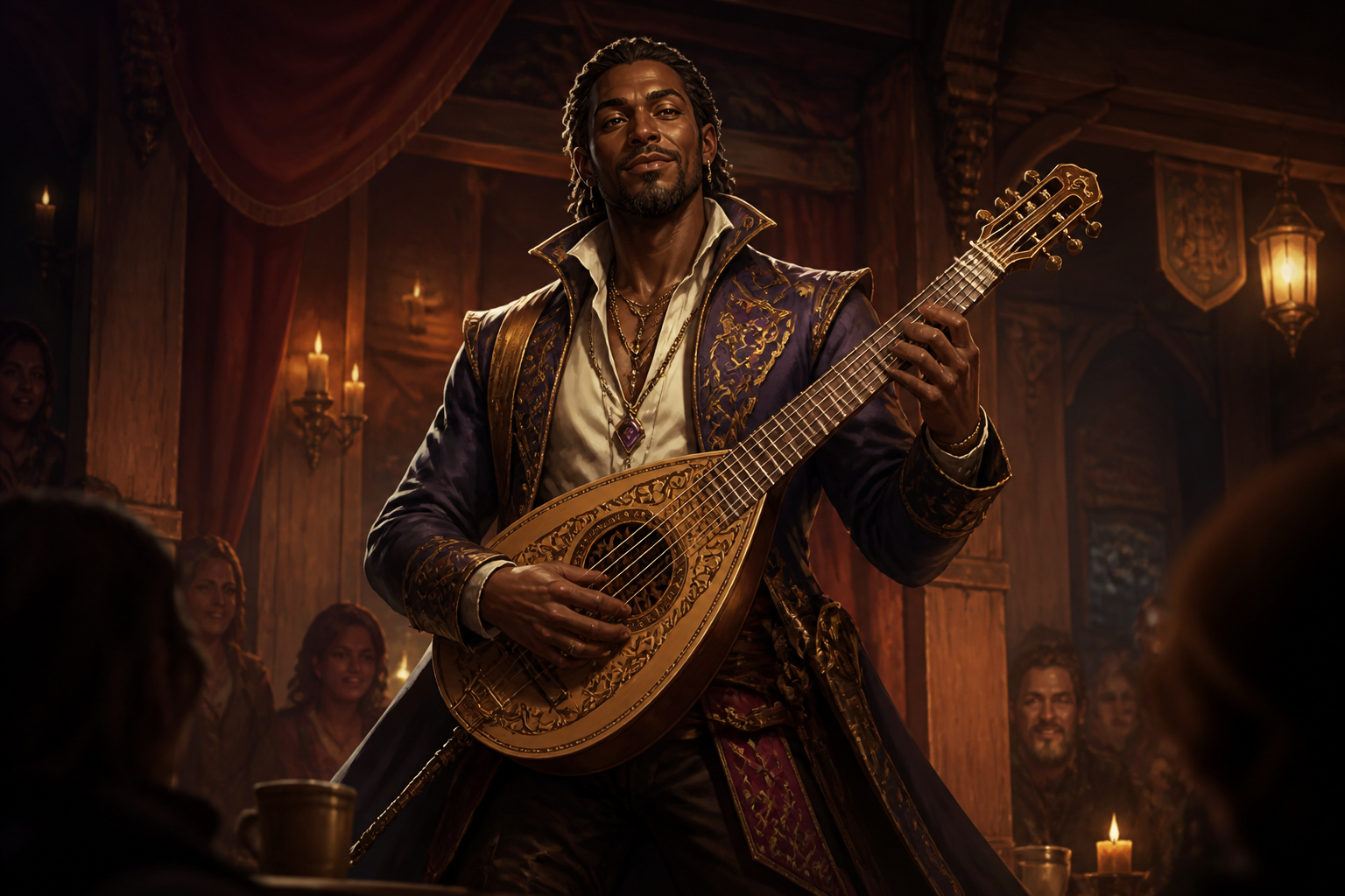 Fantasy bard on stage