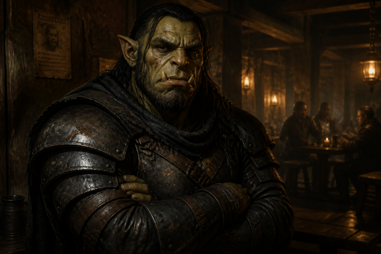 Half-orc fighter in tavern