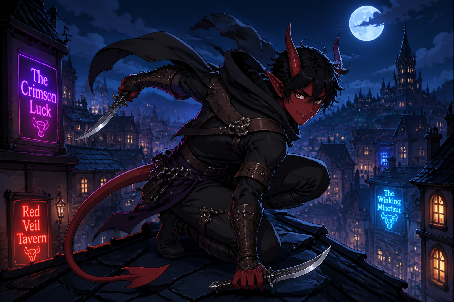 Tiefling rogue rooftop scene