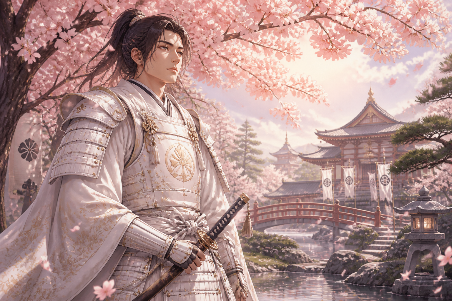 White armor under cherry blossoms