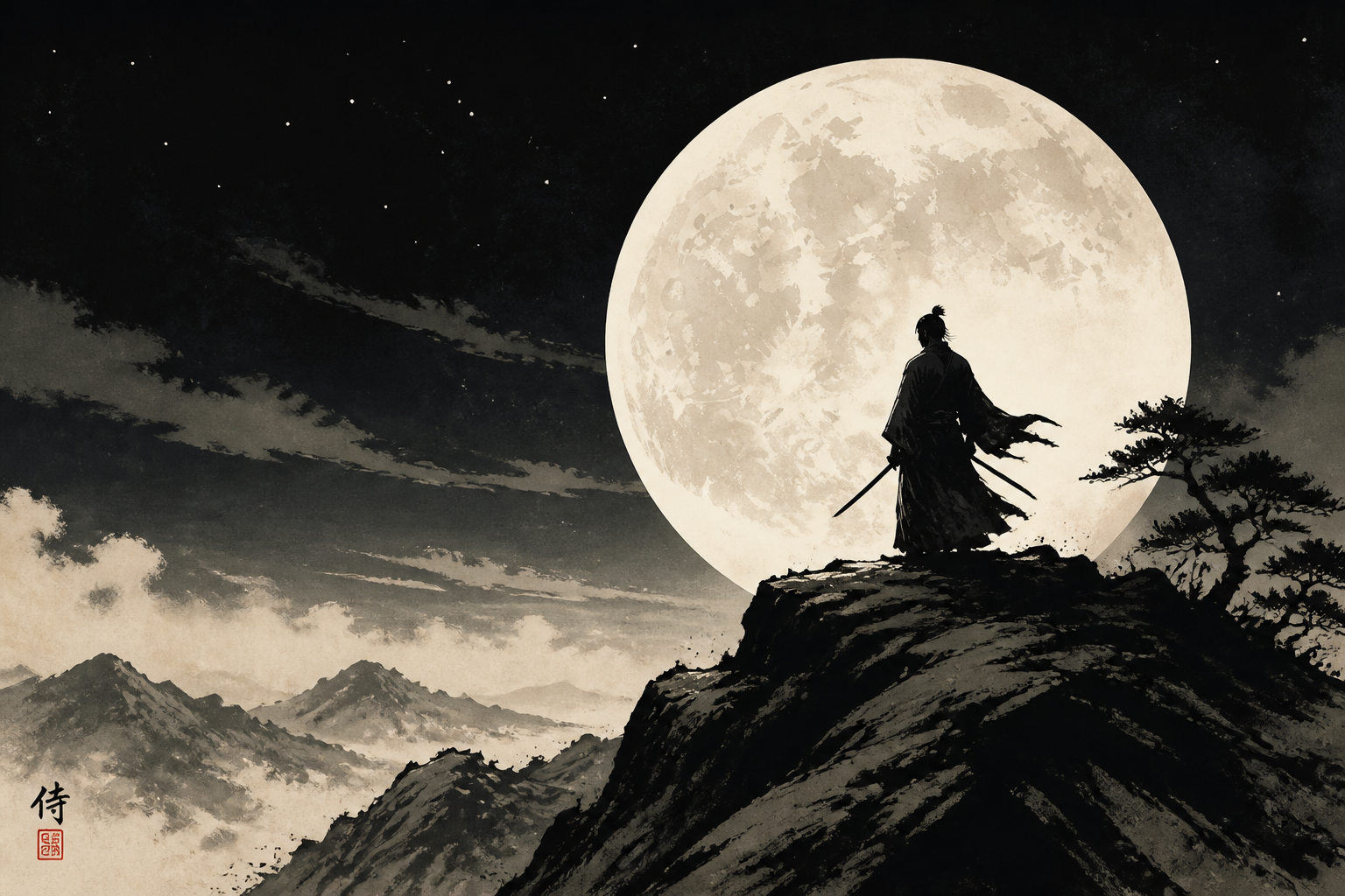 Moonlit samurai silhouette