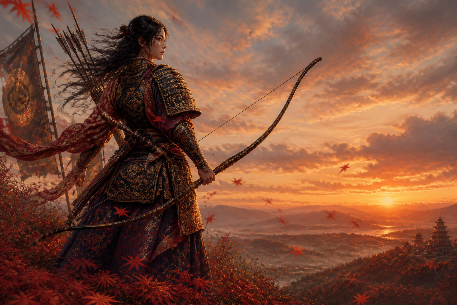 Female samurai archer at sunset