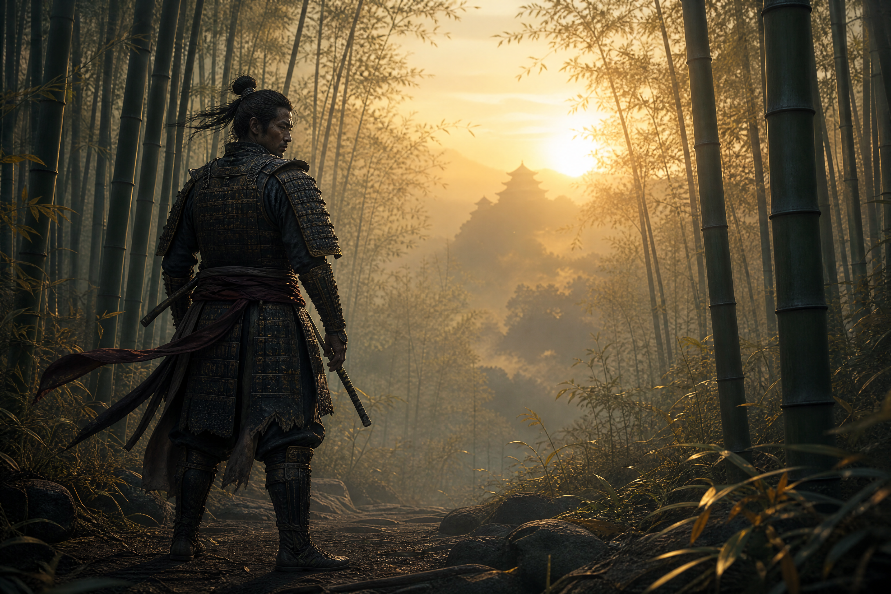 Samurai at dawn in bamboo forest