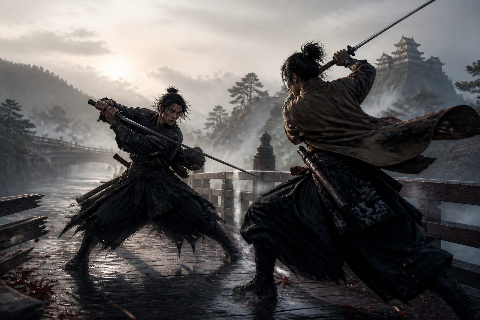 Duel on a foggy bridge