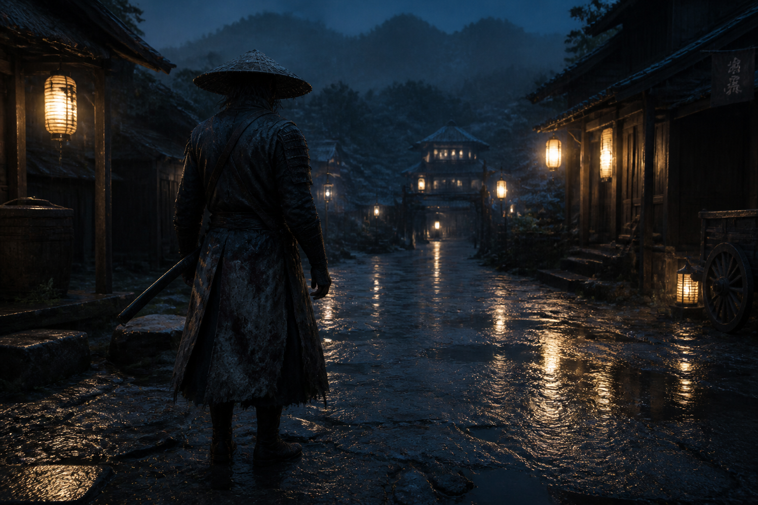 Ronin in rainy night village