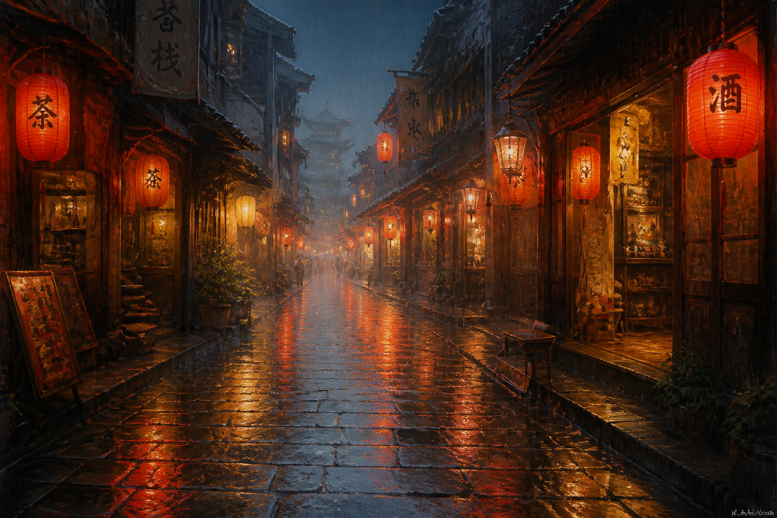 Lantern-lit rainy alley
