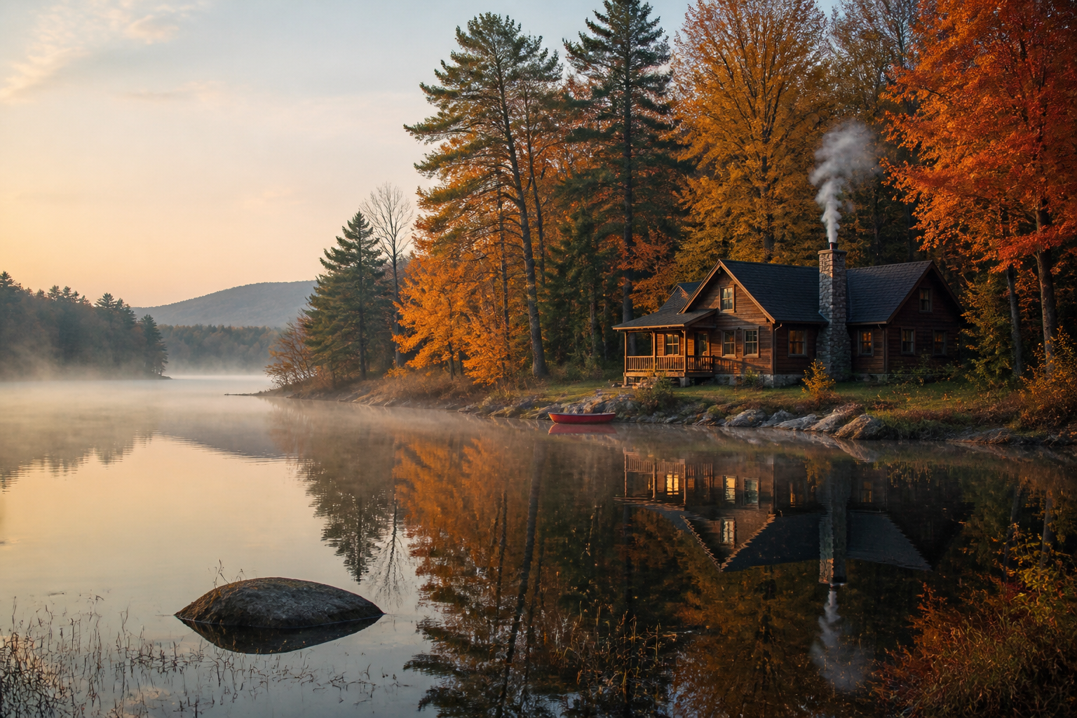 Autumn cabin by the lake