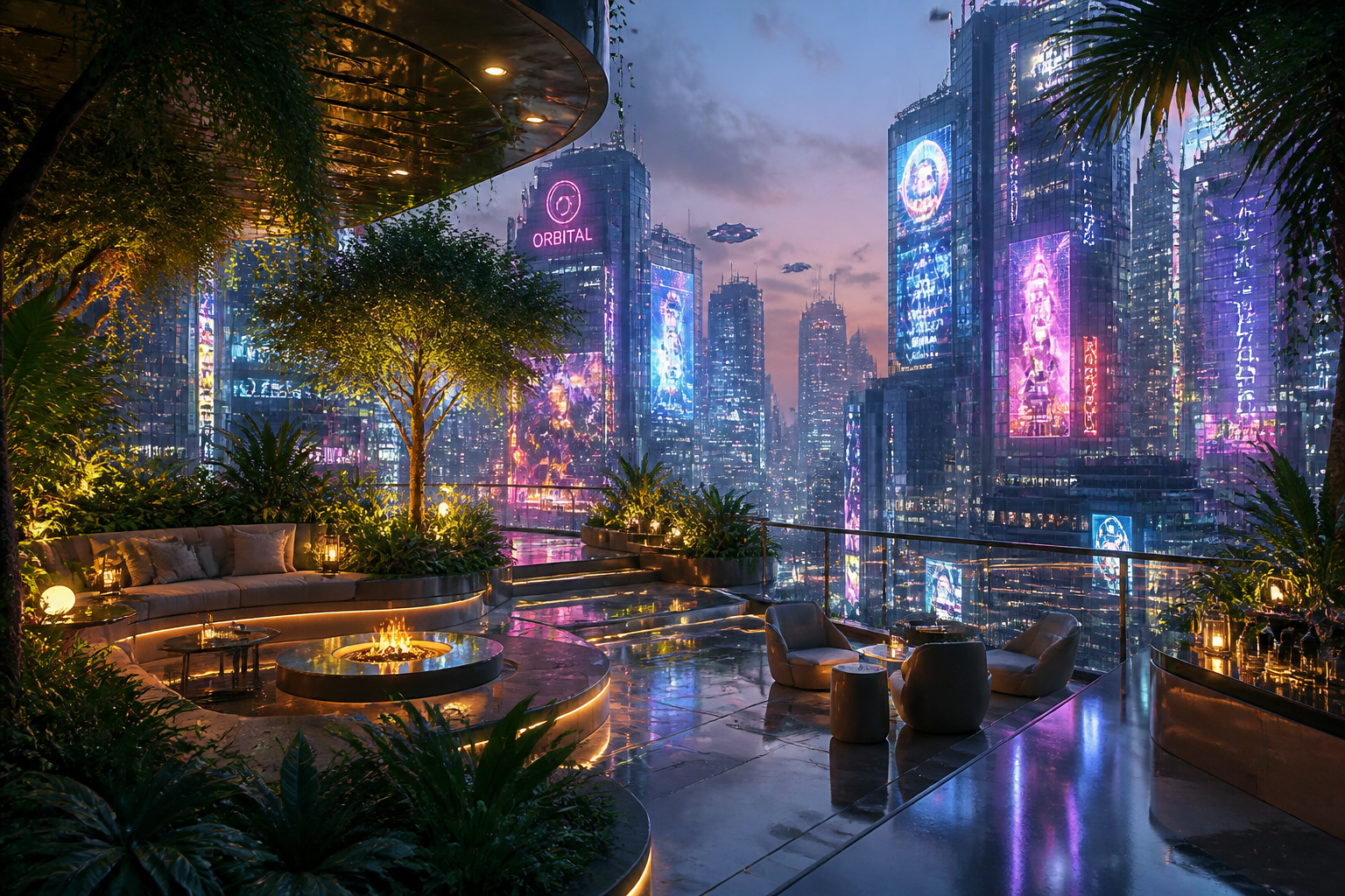 Neon rooftop garden scene