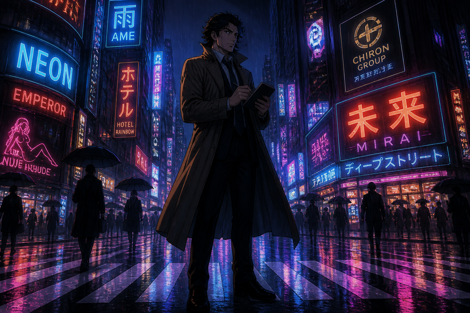 Neon detective crossing the street