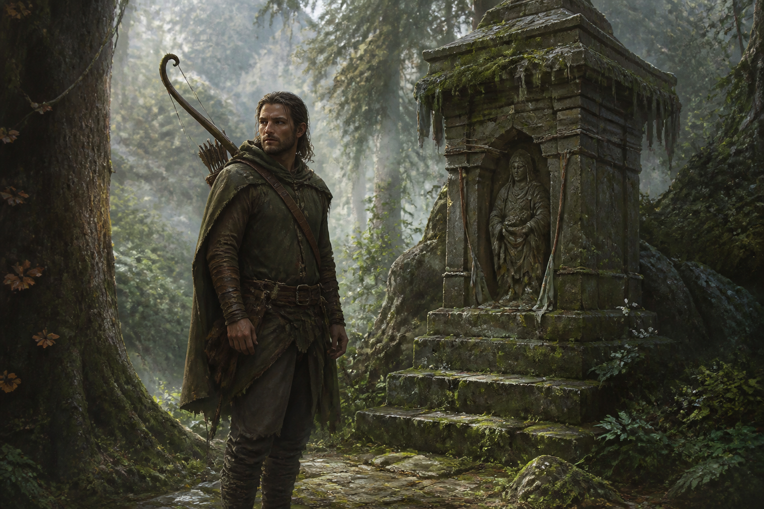 Forest ranger at a mossy shrine