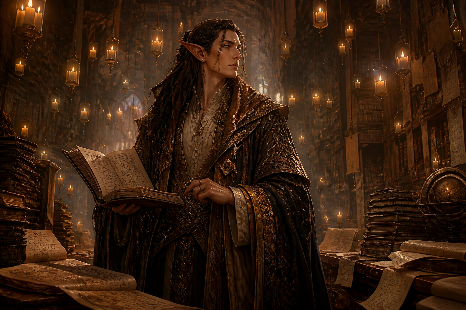 Elven scholar in candlelit library