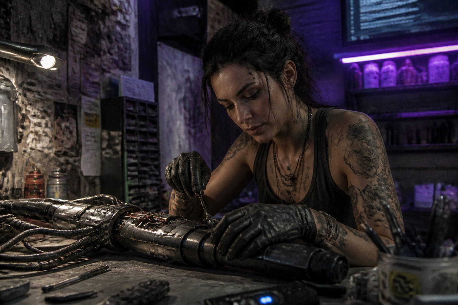 Cyberpunk mechanic in workshop