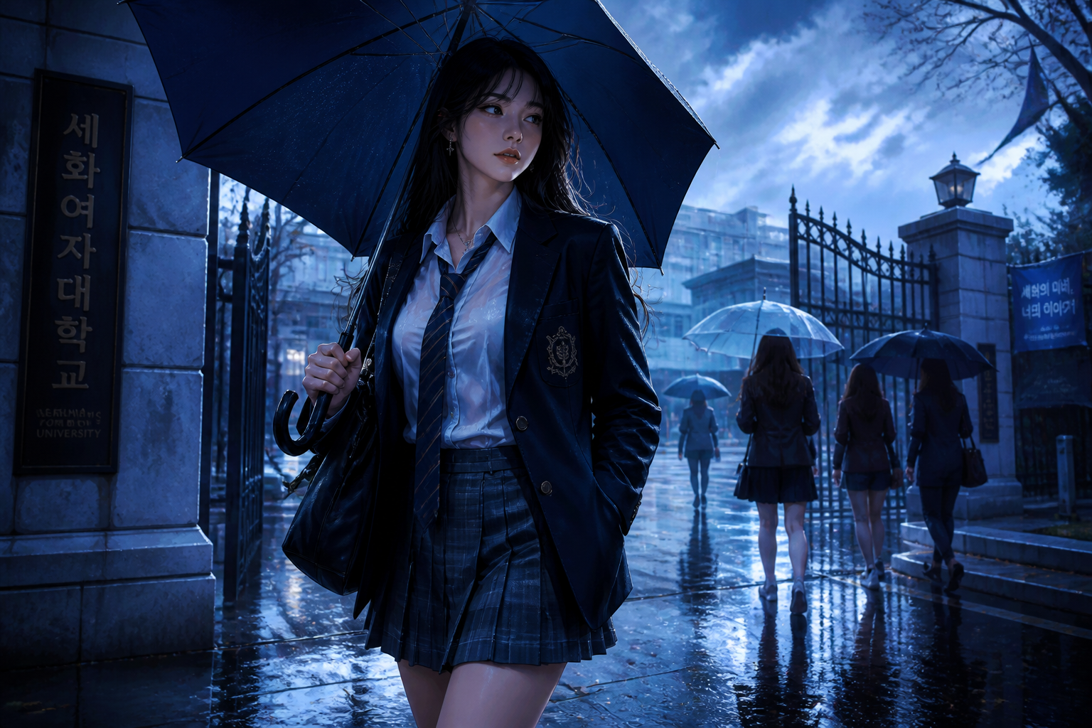 Rainy campus gate anime scene