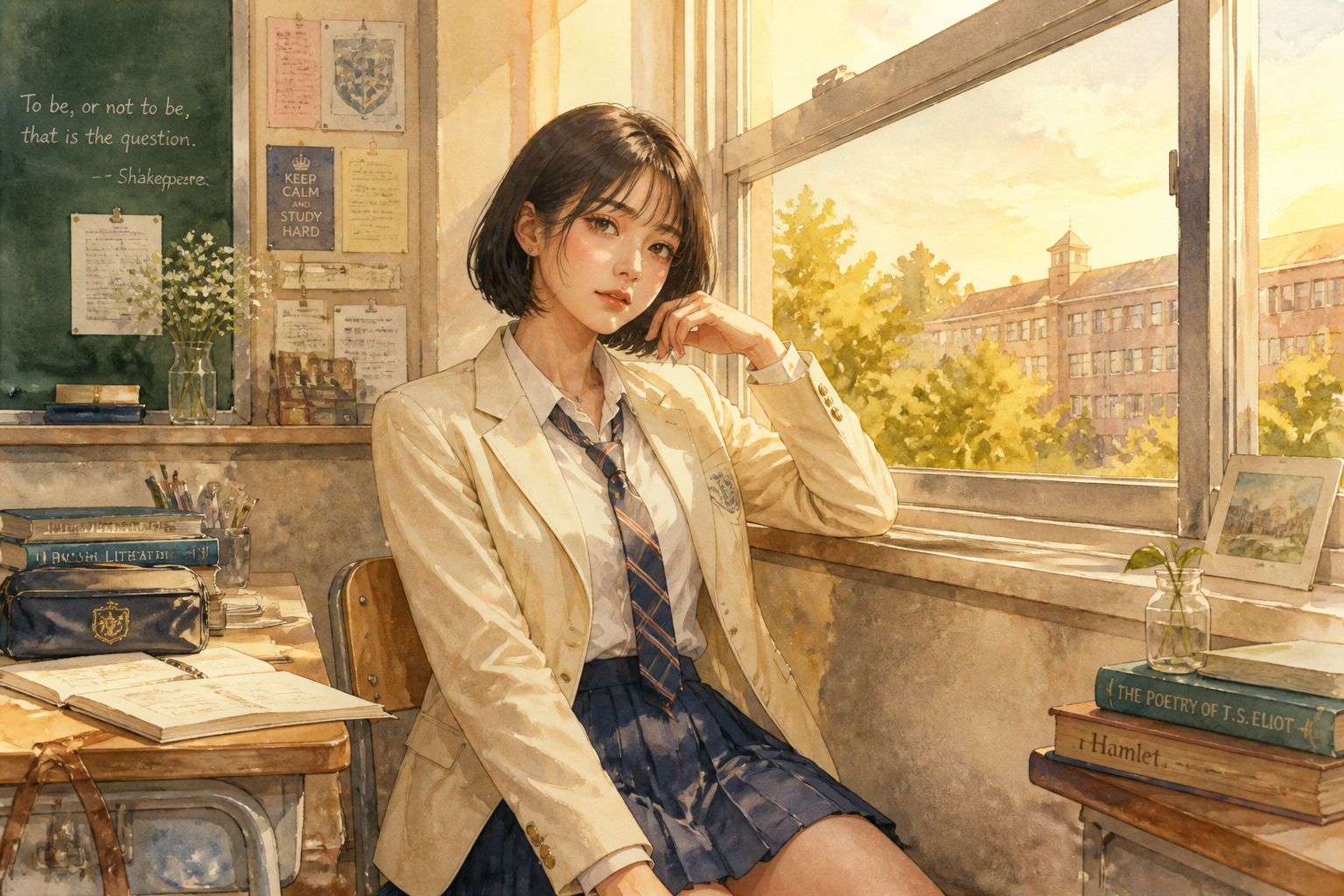 Watercolor classroom window scene