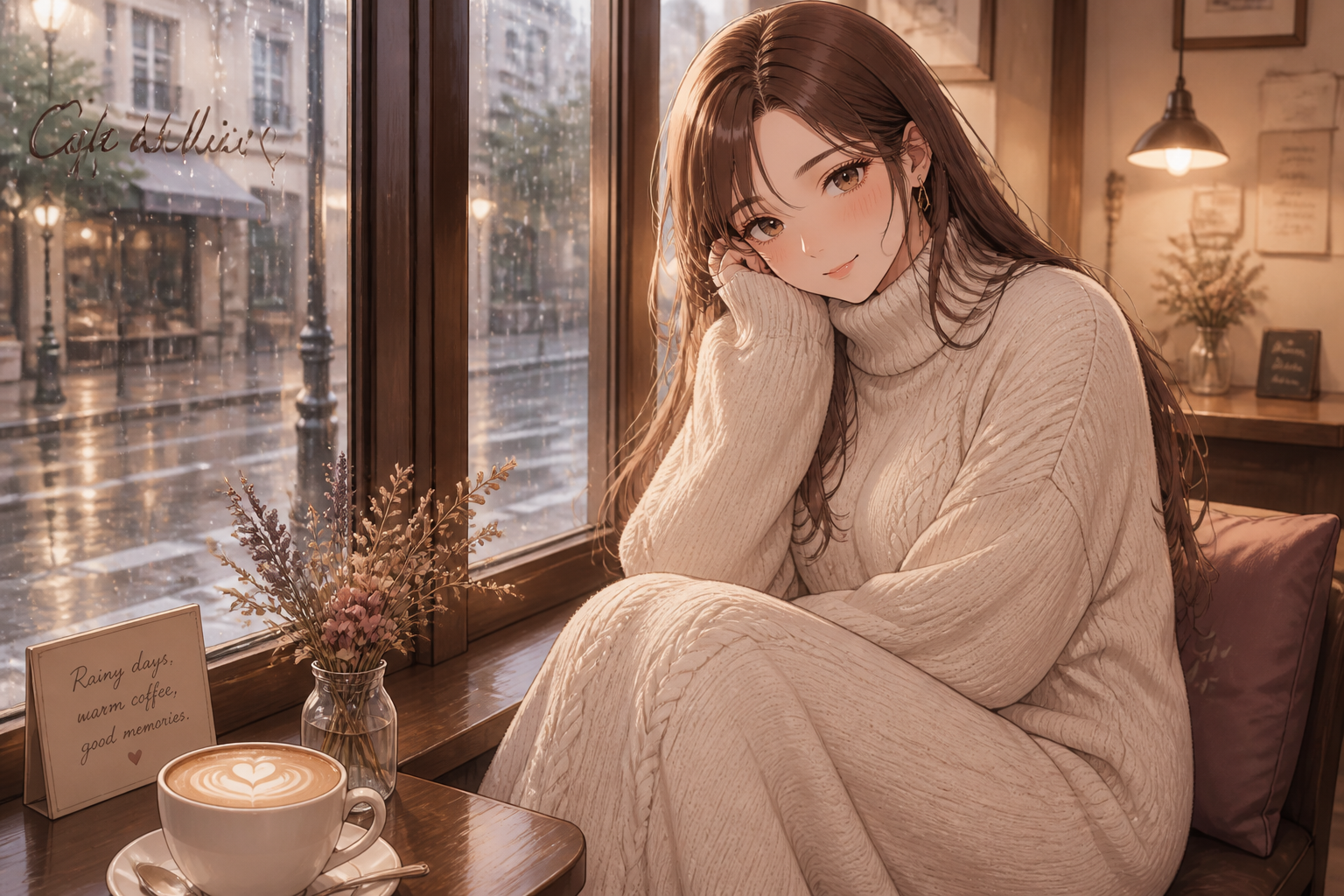 Cozy cafe anime scene