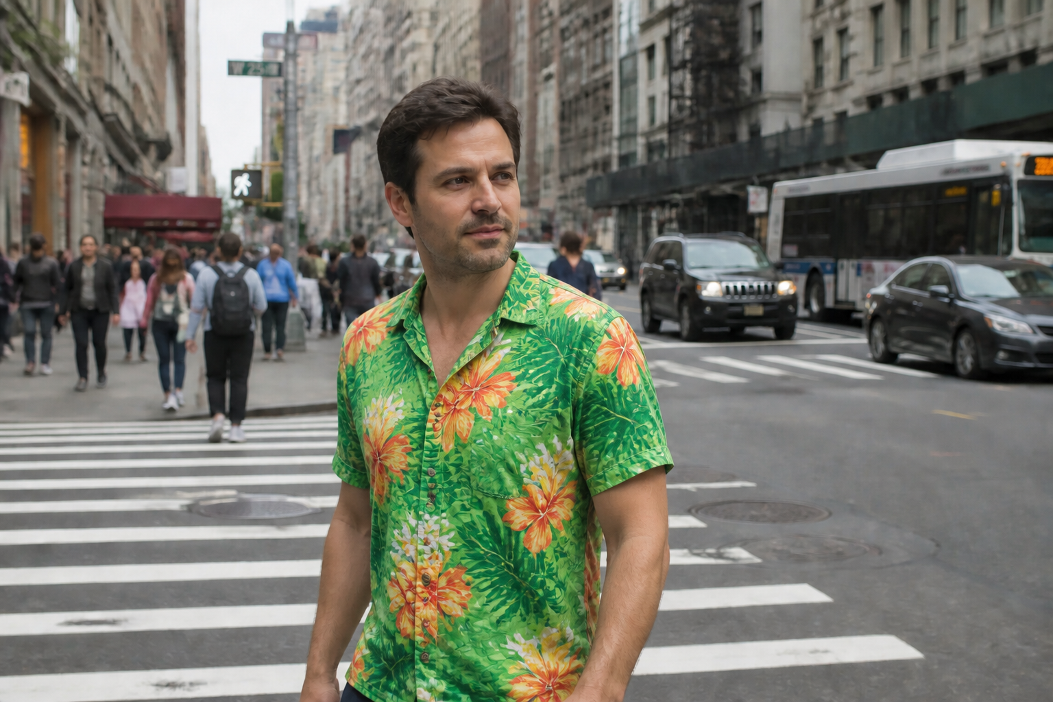 Henley to tropical print shirt (after)