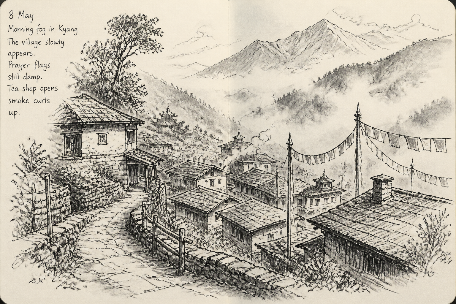Mountain village travel sketch