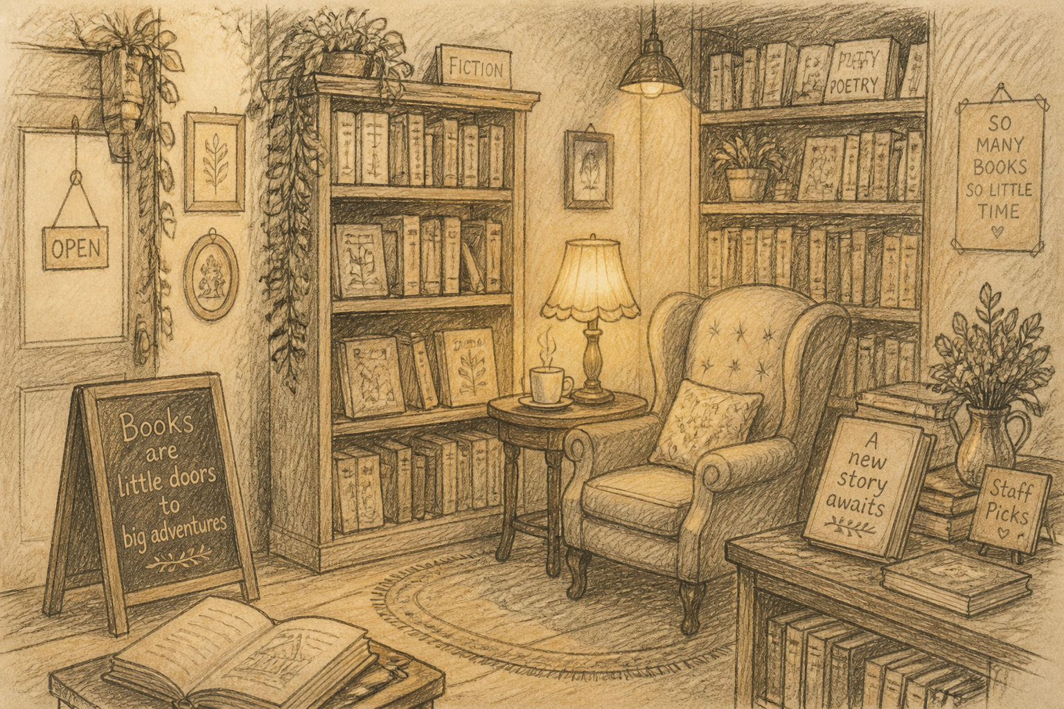 Cozy bookstore illustration sketch
