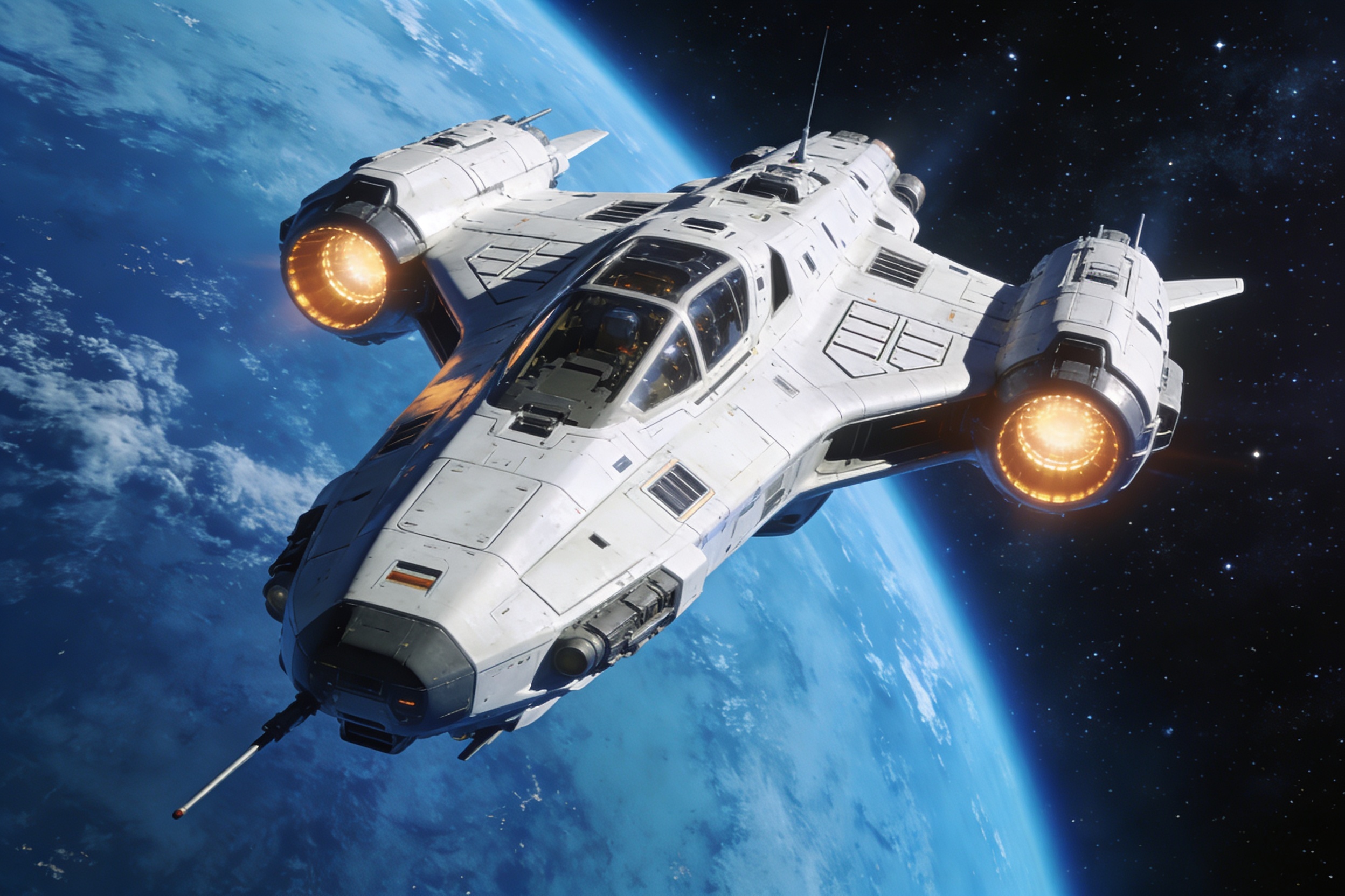 Exploration starship above a planet