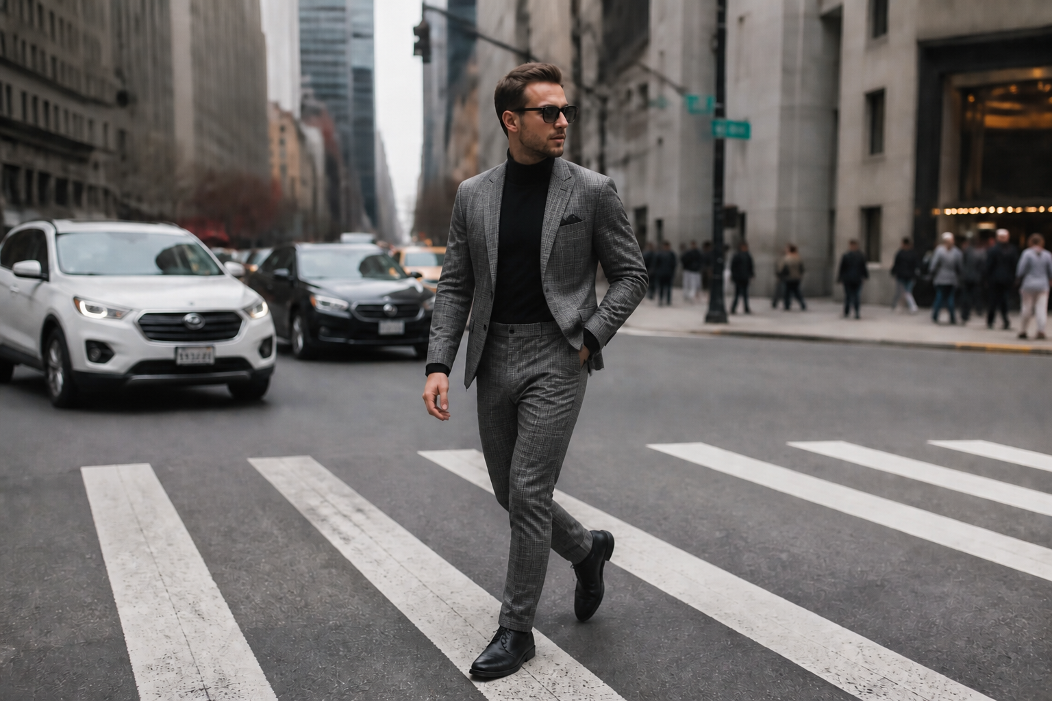 Gray plaid street suit (after)